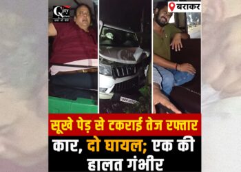 High-speed car crashes into dry roadside tree on Giridih-Dumri road.